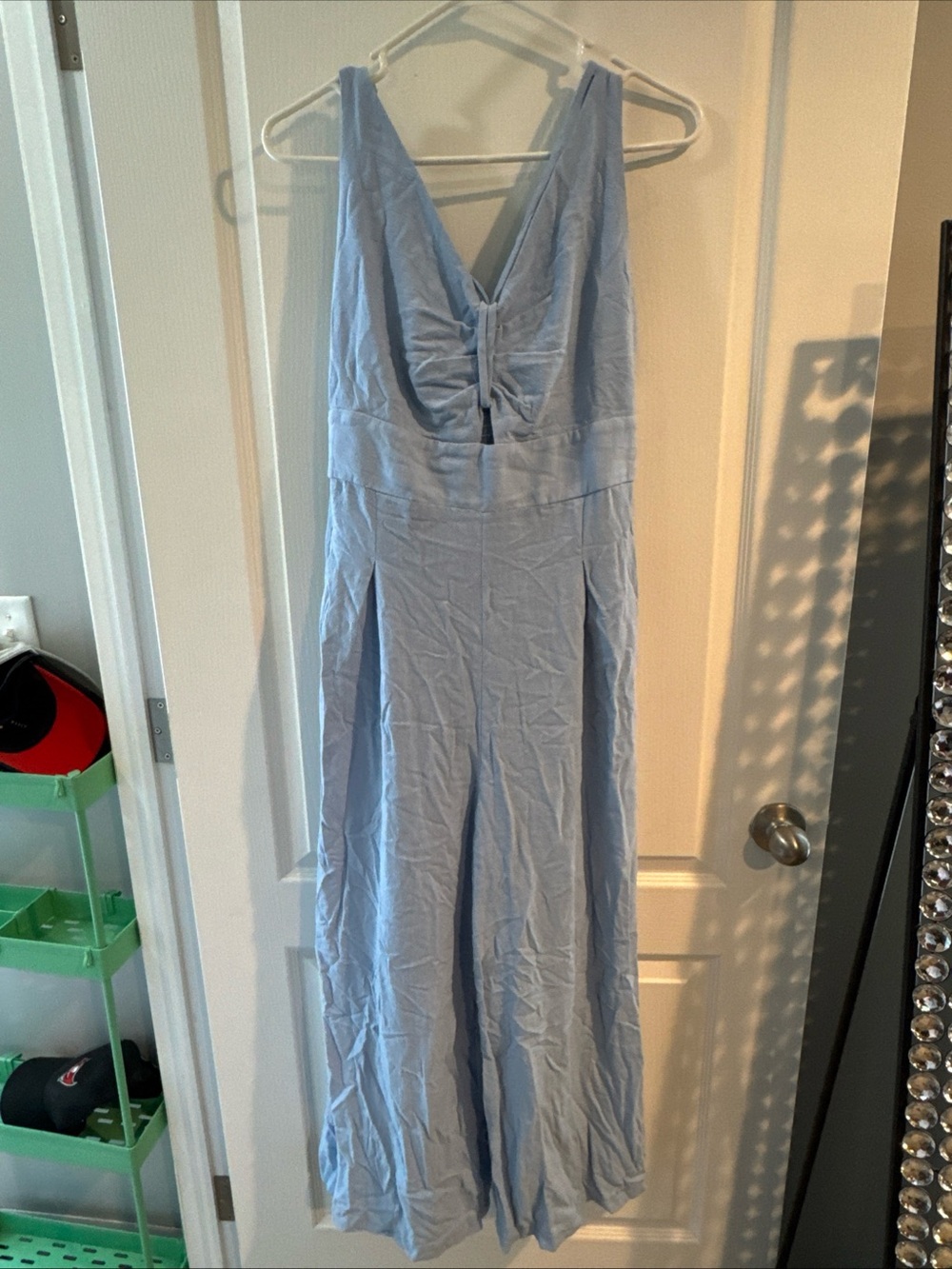 Anrabess Light Blue linen V-Neck Wide Leg Jumpsuit